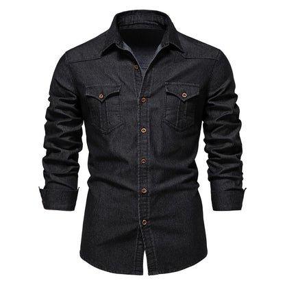 Men's Long-sleeved Denim Shirt Casual Solid Button Slim Tops Clothing