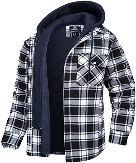Men's Plaid Hooded Coat Winter Warm Button Zip-up Jacket Fashion Casual Thick Padded Long Sleeves Outerwear Clothing