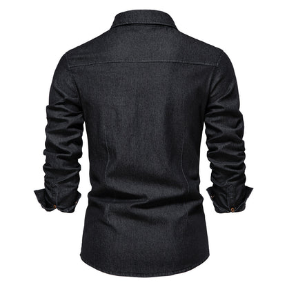Men's Long-sleeved Denim Shirt Casual Solid Button Slim Tops Clothing