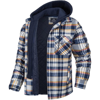 Men's Plaid Hooded Coat Winter Warm Button Zip-up Jacket Fashion Casual Thick Padded Long Sleeves Outerwear Clothing